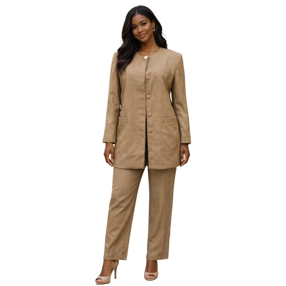 Executive Collection Vintage Gold Metallic Pant Suit Set Women 12 Long Blazer‎